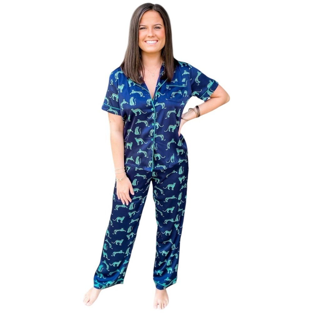 Mary Square Charlotte Leopard Love Button Up Satin Women's‎ Pajama Set